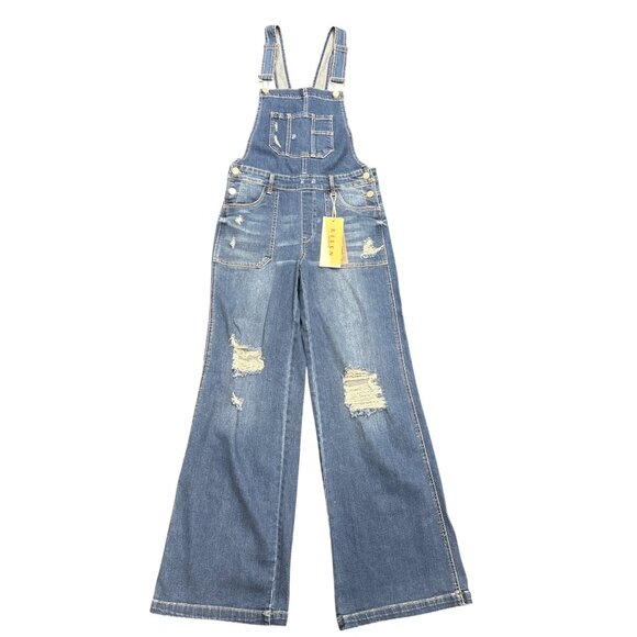 Risen Los Angeles Jean Overalls‎ Womens Small Blue Denim Distressed Wide Leg NWT - Picture 1 of 8